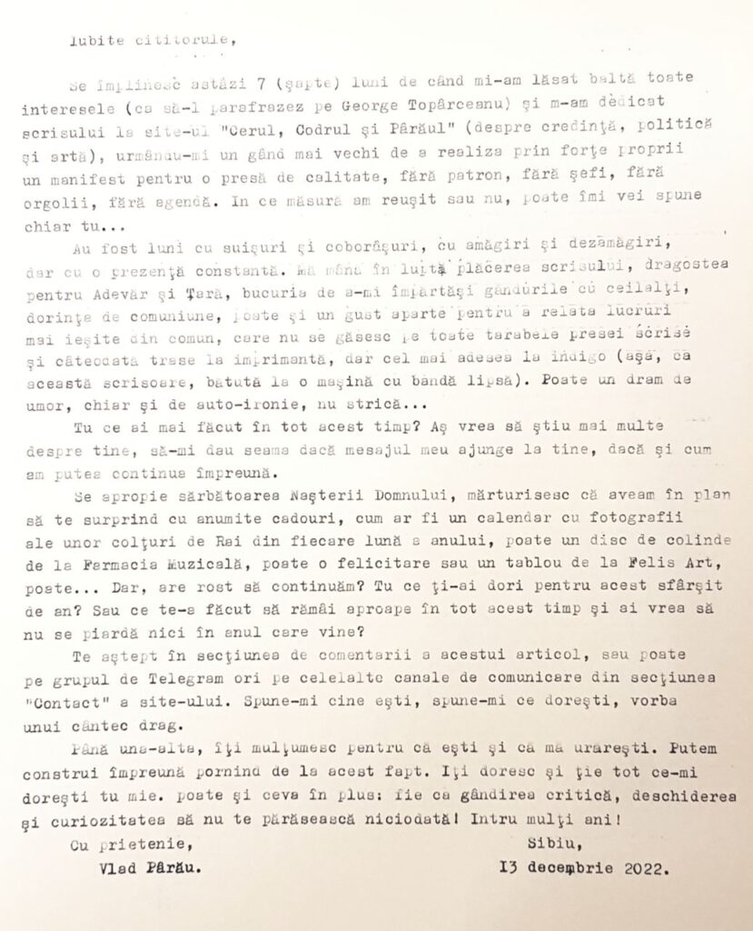 Scrisoarea pe care nu ți-o va trimite nimeni în afară de mine așteaptă un răspuns de la tine – Cerul, Codrul și Pârăul