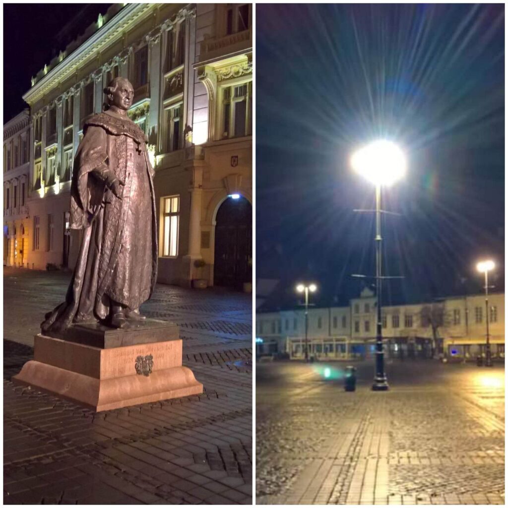 ACTUALIZARE: Discriminarea dintre statuia lui Samuel von Brukenthal și cea a lui Gheorghe Lazăr din Sibiu merge până la capăt? Nu doar dimensiunile, ci și iluminatul joacă în defavoarea ilustrului român – Cerul, Codrul și Pârăul