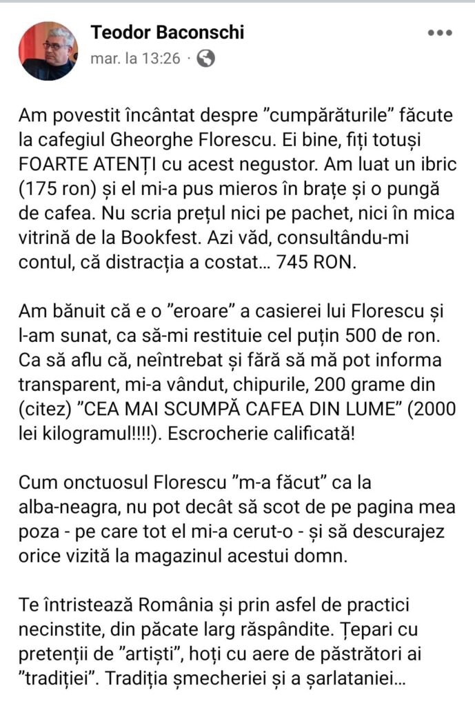 Prostia se plătește. În cazul lui Baconski, cu cardul! Cum l-a ars la parale mierosul cafegiu Florescu pe onctuosul băsist. FOTO / VIDEO – Cerul, Codrul și Pârăul