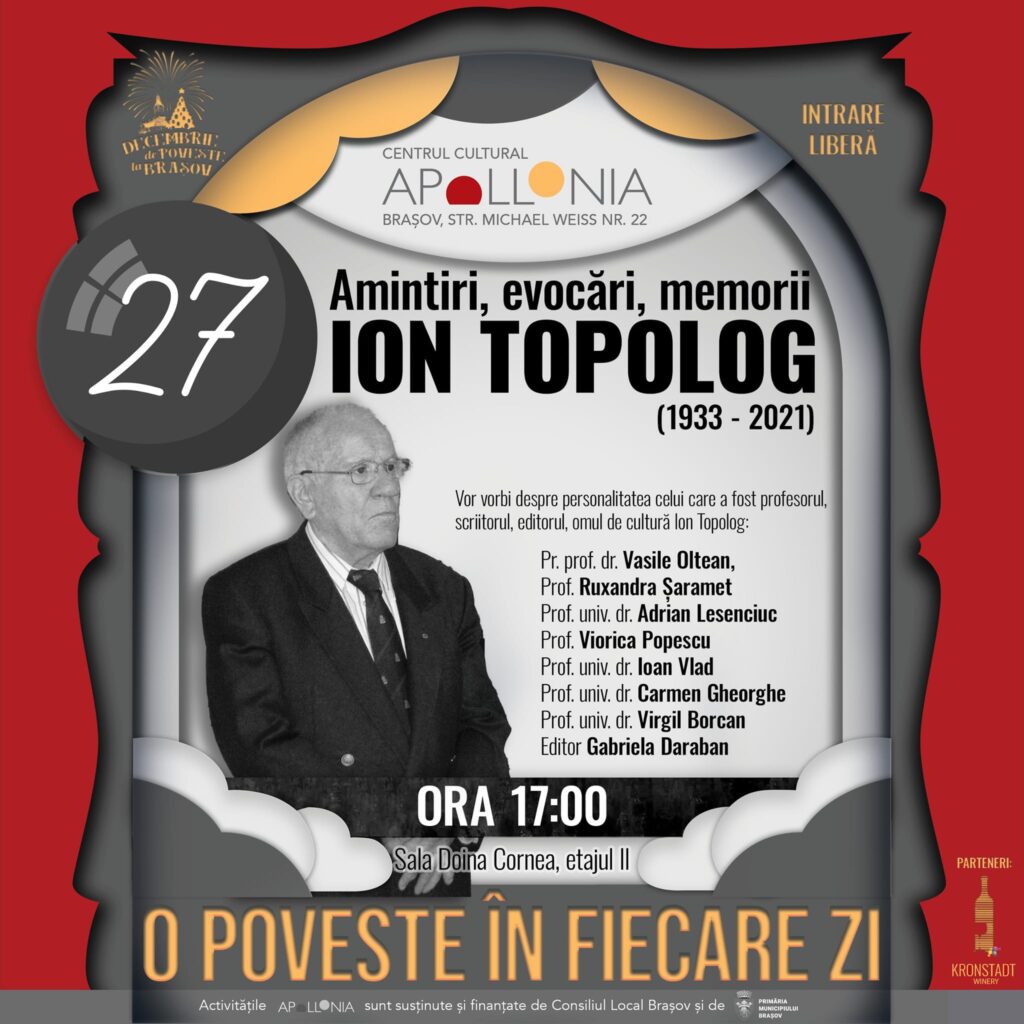 Ion Popescu Topolog, omul care sfințește locul. La Brașov s-au inaugurat o sală care-i poartă numele în cadrul Centrului Cultural APOLLONIA și o placă memorială în cartierul regretatului scriitor și dascăl – Cerul, Codrul și Pârăul