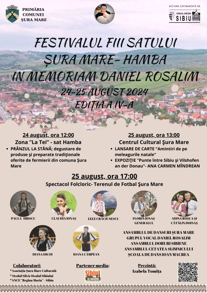 Prezentare de carte și expoziție de pictură de Ana Carmen Mândrean Einhellinger din Hamba la Centrul Cultural Șura Mare. Ce alte evenimente mai aduce duminică Festivalul Fiilor Satului – Cerul, Codrul și Pârăul