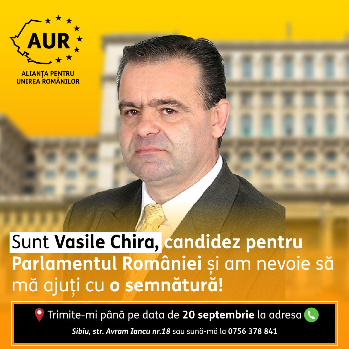 Profesorul, scriitorul și filosoful Vasile Chira din Sibiu vă roagă să îl ajutați cu o semnătură pentru a-i înlesni candidatura la Parlamentul României pe listele AUR – Cerul, Codrul și Pârăul